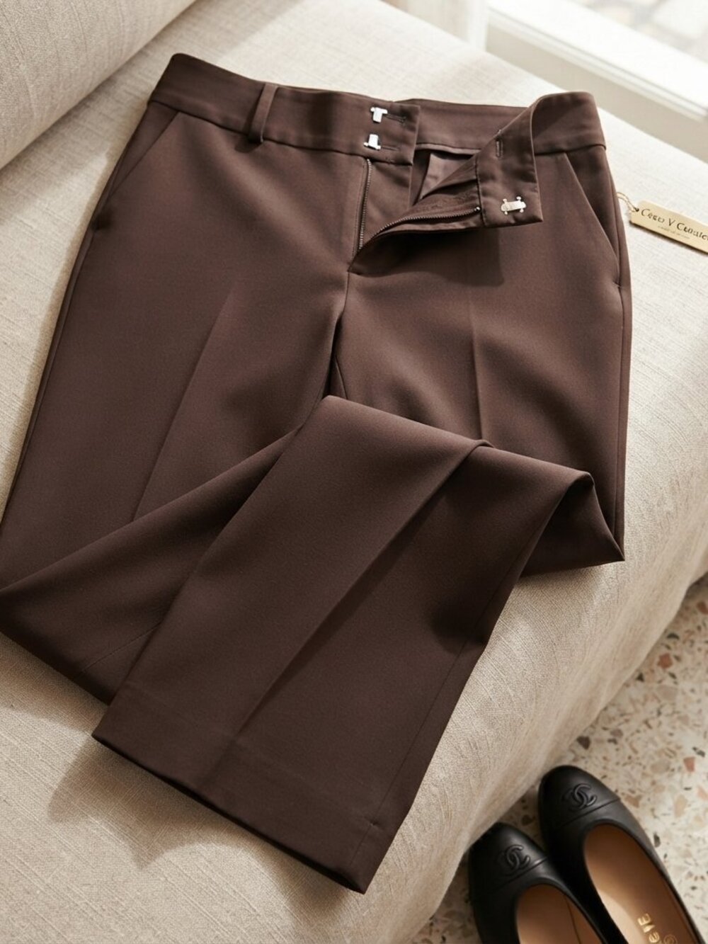 Coco V Boutique French Fabric Chocolate Brown Straight Leg Trousers Size 10